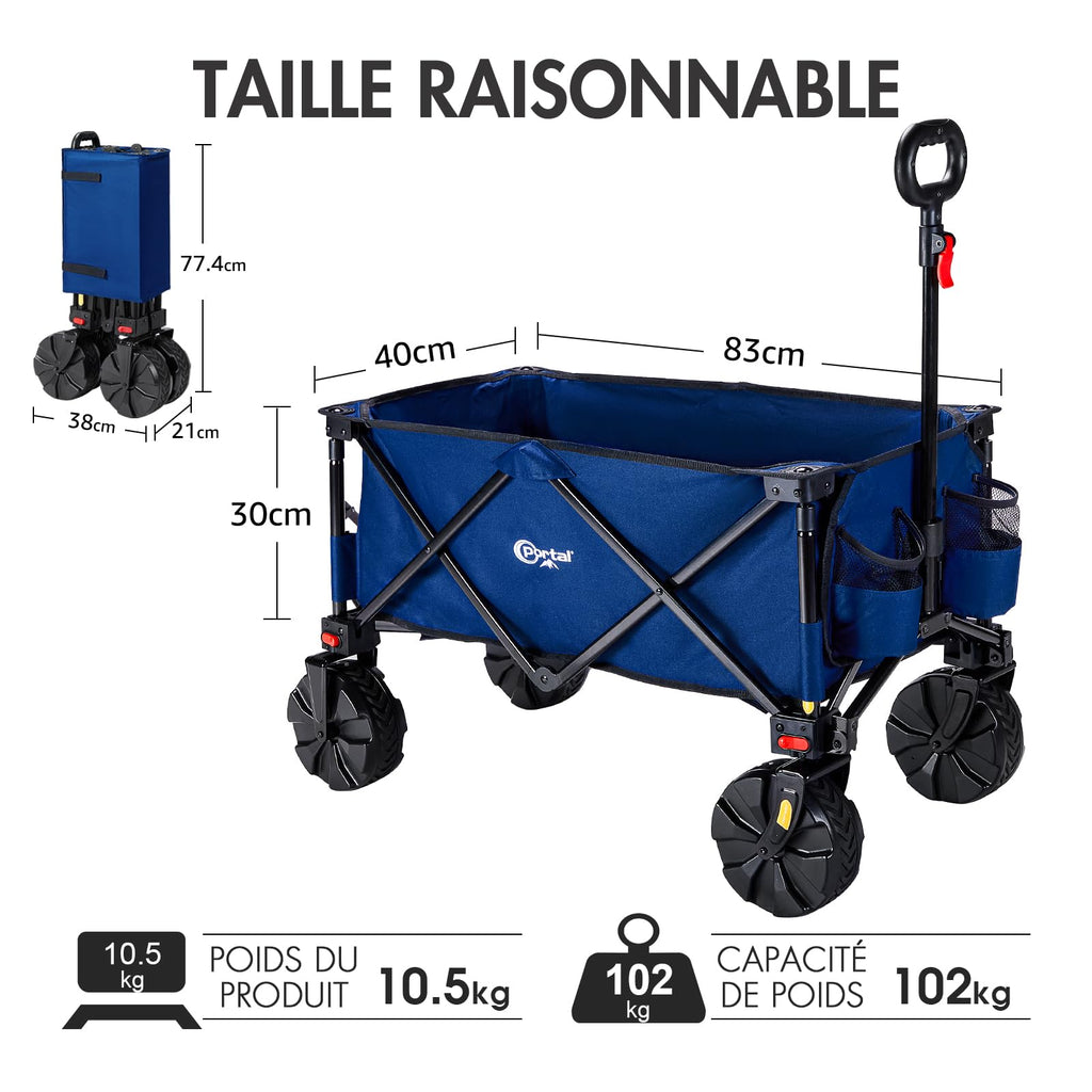 PORTAL Chariot de Plage Pliable – Chariot Tout Terrain Pliable avec Roues 20 cm, Poignée Réglable, 150 kg