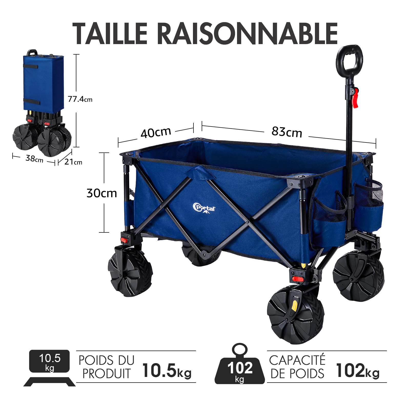 PORTAL Chariot de Plage Pliable – Chariot Tout Terrain Pliable avec Roues 20 cm, Poignée Réglable, 150 kg