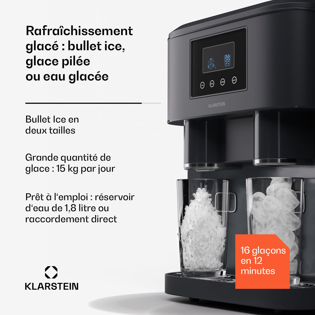 Klarstein Eiszeit Crush Machine à Glaçons Argent – réservoir 1,8 L, 15 kg/24 h, glaçons en 12 min, ~16/cycle | Glace pilée, écran tactile, alarmes