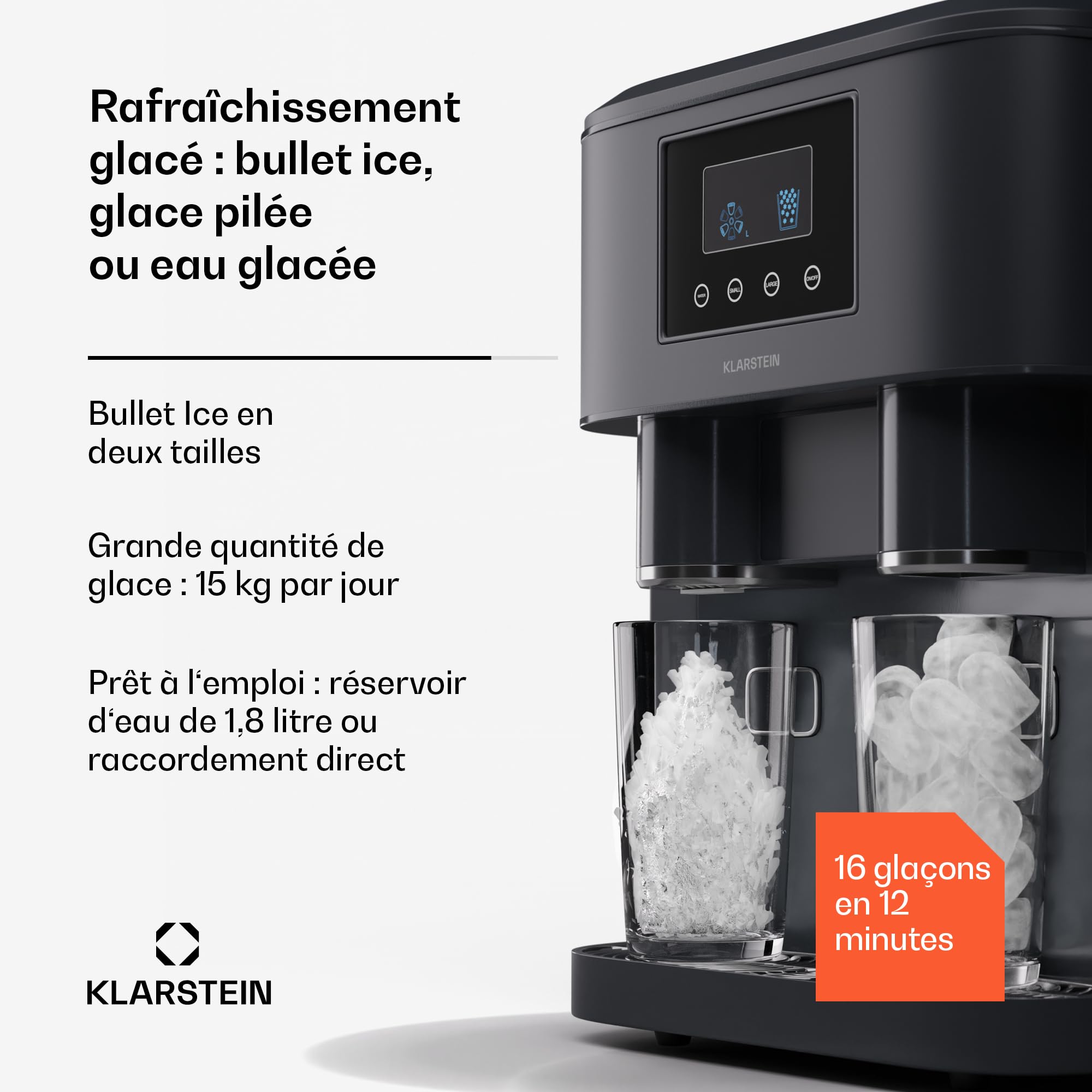 Klarstein Eiszeit Crush Machine à Glaçons Argent – réservoir 1,8 L, 15 kg/24 h, glaçons en 12 min, ~16/cycle | Glace pilée, écran tactile, alarmes