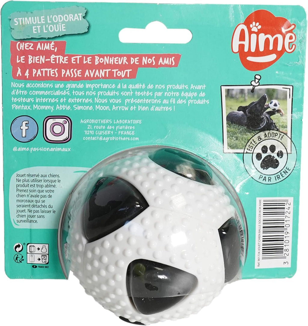 Aimé - Balle pour Chien 5 en 1 Saveur Bœuf - Jouet Interactif/Éducatif pour Développer et Stimuler les 5 Sens - Résistant Toutes Races et Tous Âges - Balle 6 cm