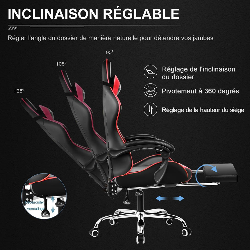 GTPLAYER Chaise Gaming Ergonomique, Fauteuil Gamer, Chaise Bureau, Dossier réglable à 135°, Hauteur Réglable, Repose-Pieds rétractables, Simili Cuir, Supporte 150 kg, Bleu