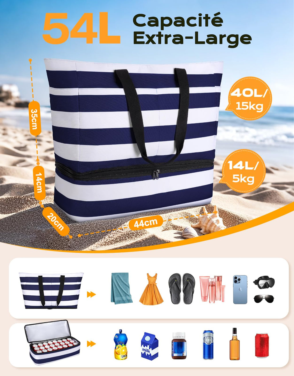 CIRYCASE Sac de Plage XXL 54L avec Isotherme Détachable – Étanche, Compartiment Sec-Humide, Pliable, Femme/Famille