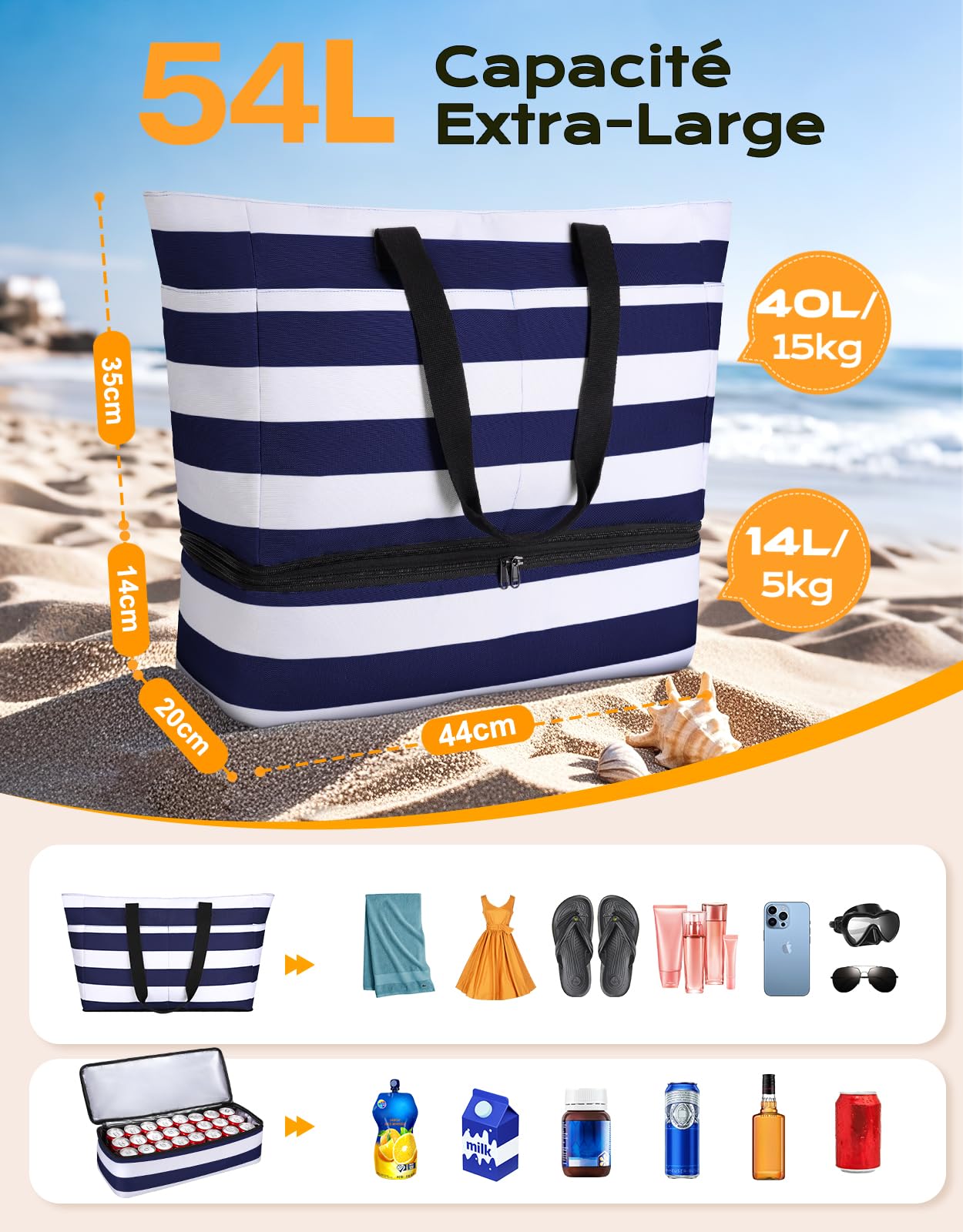 CIRYCASE Sac de Plage XXL 54L avec Isotherme Détachable – Étanche, Compartiment Sec-Humide, Pliable, Femme/Famille