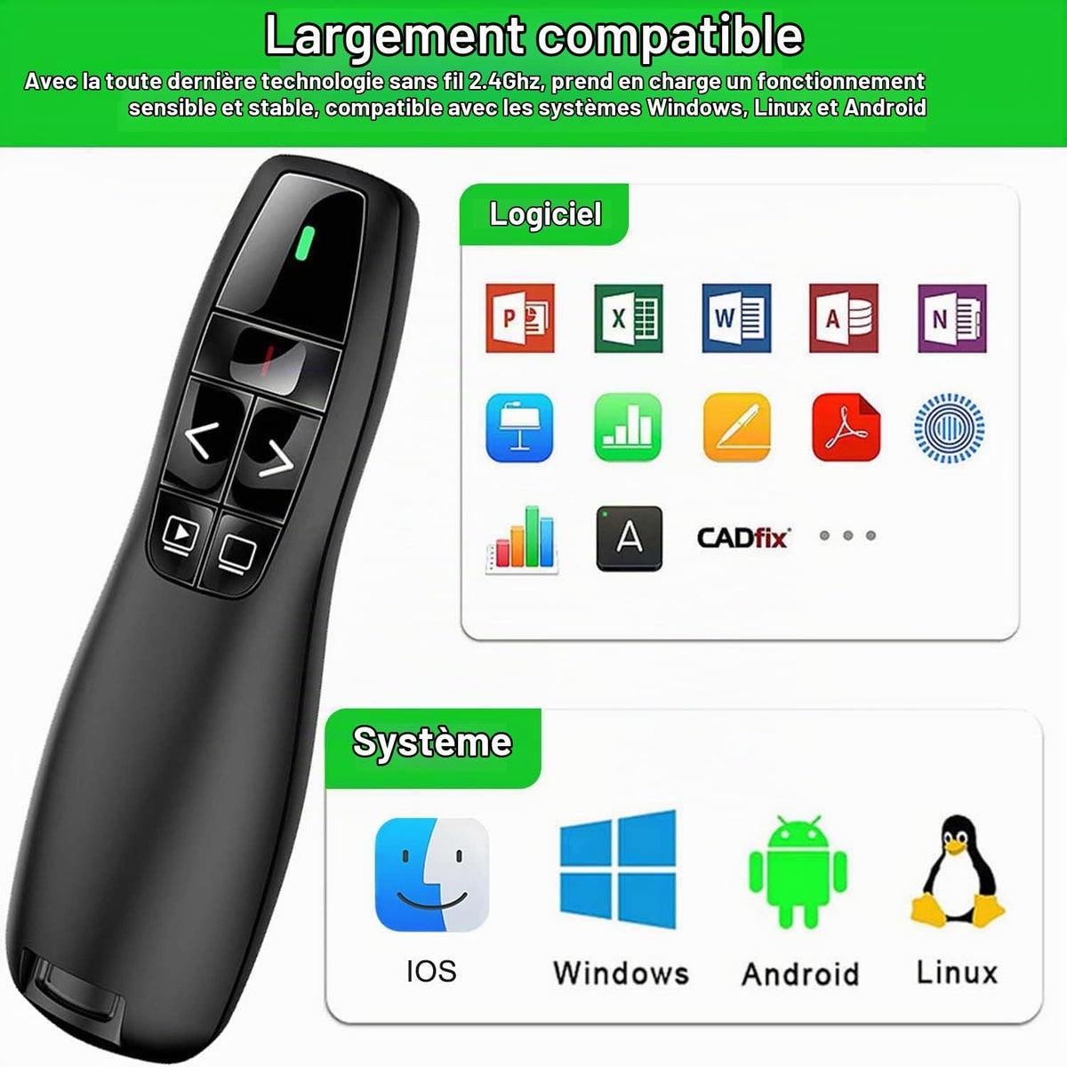 Présentateur Sans Fil 2,4 GHz – Pointeur Laser, 5 Boutons, 100 m, Plug & Play – PowerPoint, Google Slides, Keynote, PC & Mac