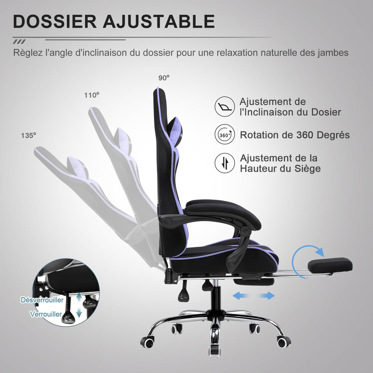 GTPLAYER Chaise Gaming Ergonomique, Fauteuil Gamer, Chaise Bureau, Dossier réglable à 135°, Hauteur Réglable, Repose-Pieds rétractables, Simili Cuir, Supporte 150 kg, Bleu