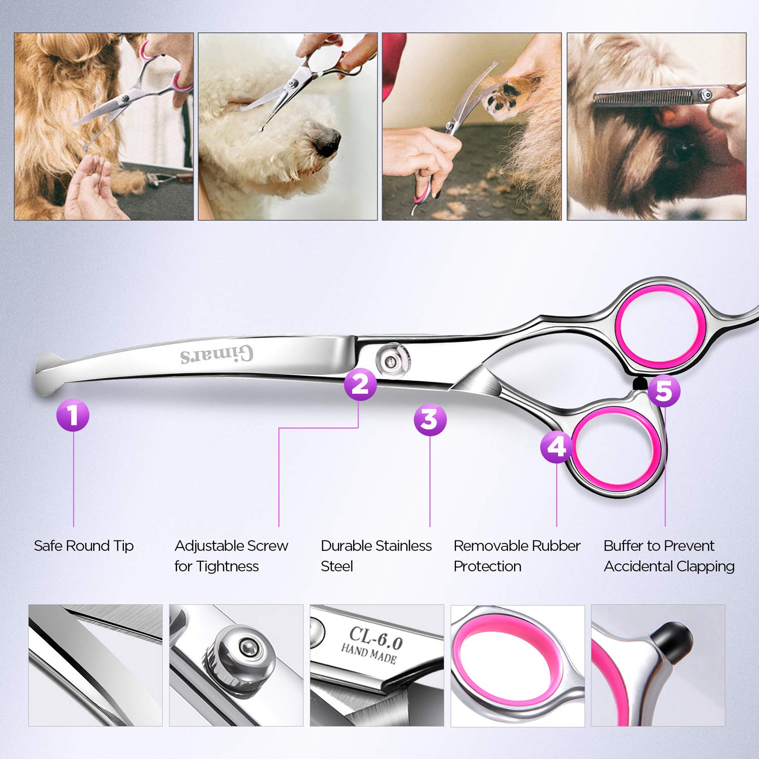 Gimars Ciseaux de toilettage professionnels pour chiens 4CR avec pointe ronde de sécurité, ciseaux droits, effilés et incurvés avec revêtement en titane