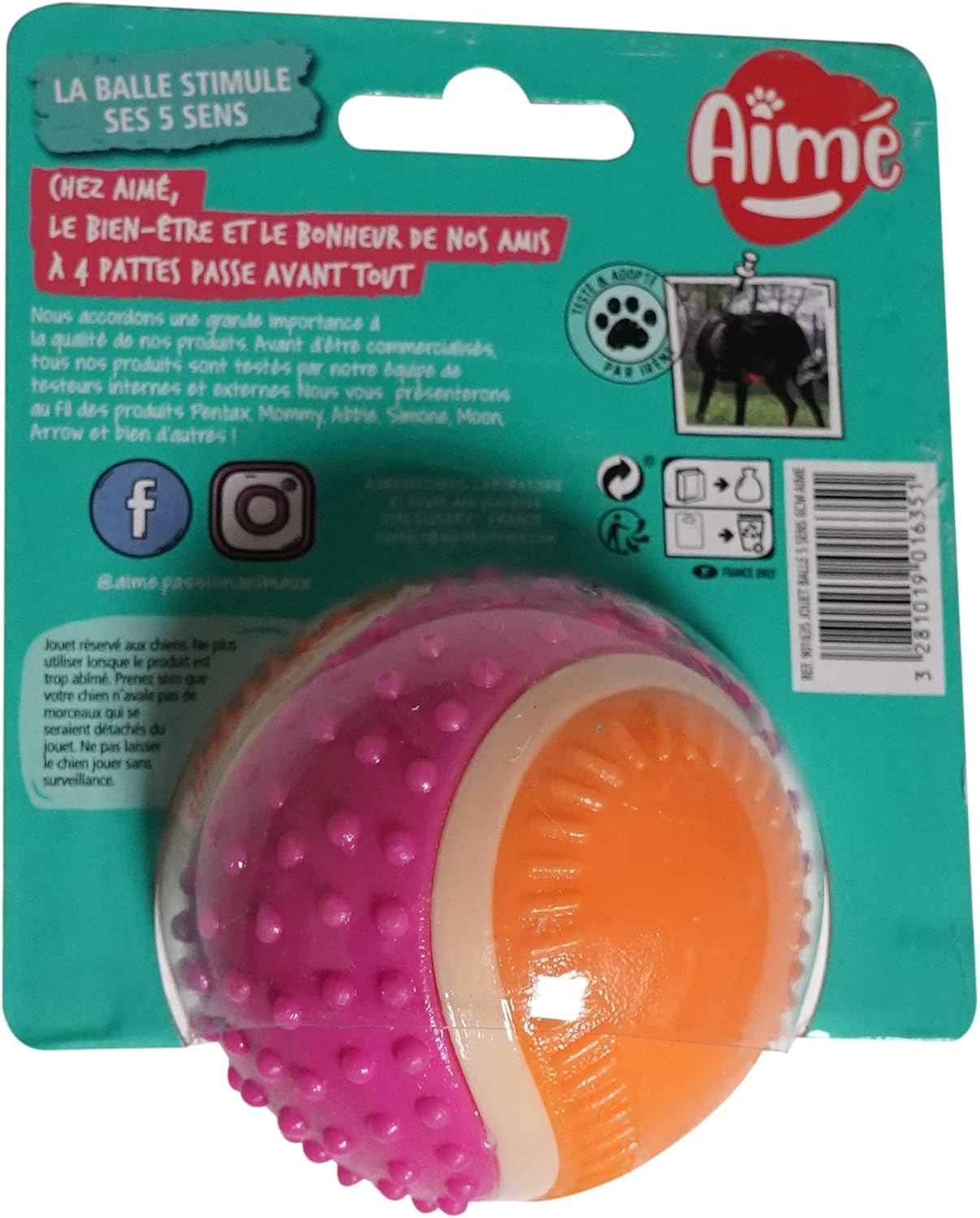 Aimé - Balle pour Chien 5 en 1 Saveur Bœuf - Jouet Interactif/Éducatif pour Développer et Stimuler les 5 Sens - Résistant Toutes Races et Tous Âges - Balle 6 cm
