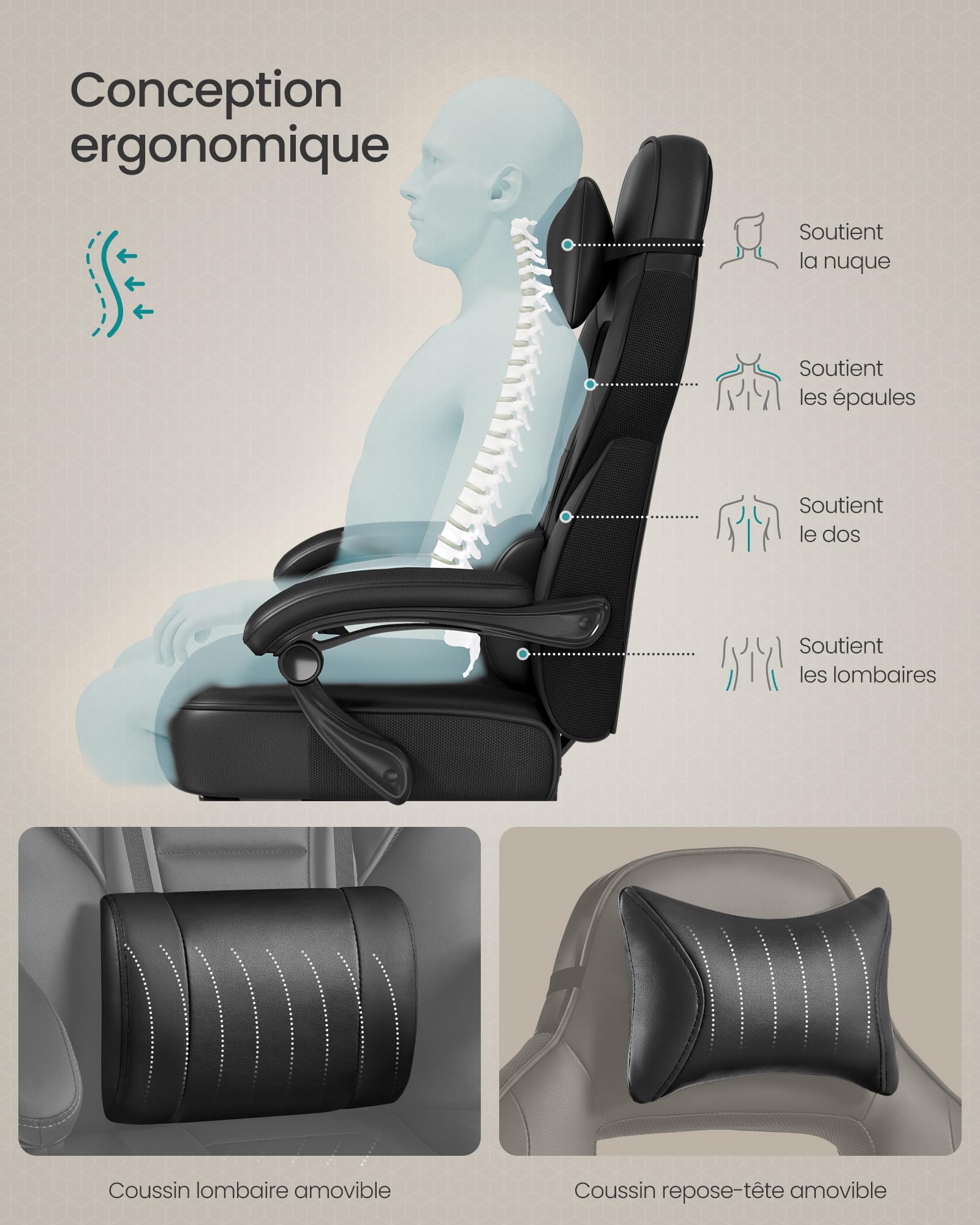 SONGMICS Fauteuil de Bureau Gaming OBG073B03 – Ergonomique, Repose-pieds, Appui-tête, 150 kg