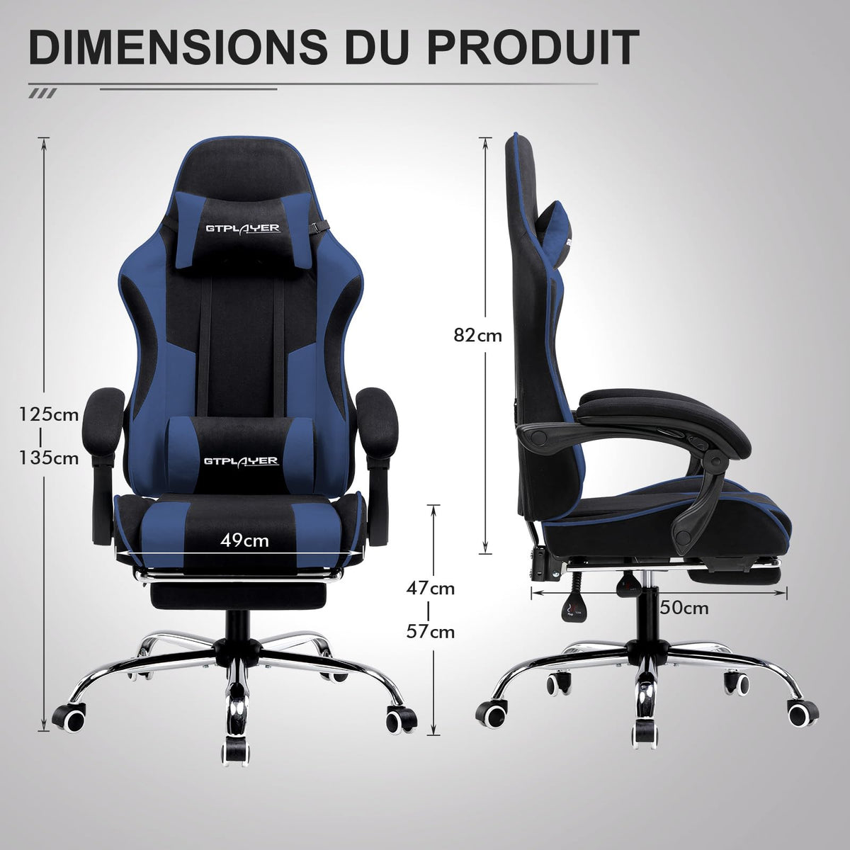 GTPLAYER Chaise Gaming Ergonomique, Fauteuil Gamer, Chaise Bureau, Dossier réglable à 135°, Hauteur Réglable, Repose-Pieds rétractables, Simili Cuir, Supporte 150 kg, Bleu