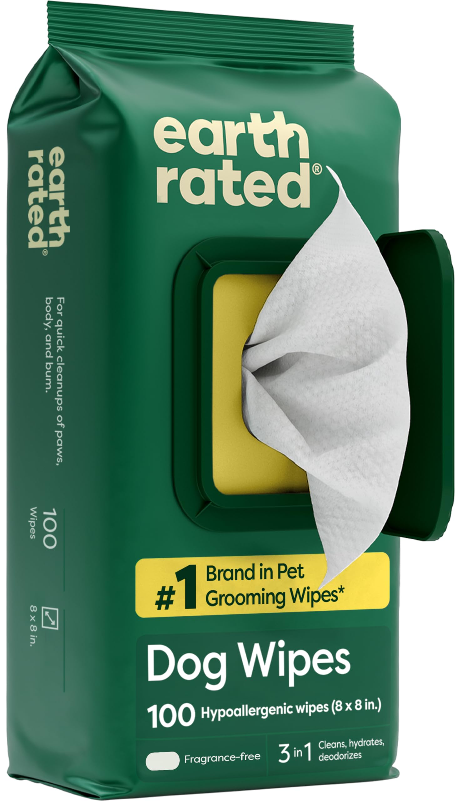 Earth Rated Lingettes hypoallergéniques pour Chiens, nettoyantes et Anti-odeurs, pour Pattes, Corps et arrière-Train, parfaites pour Chiots et Chiens Adultes, sans Parfum, 100 lingettes