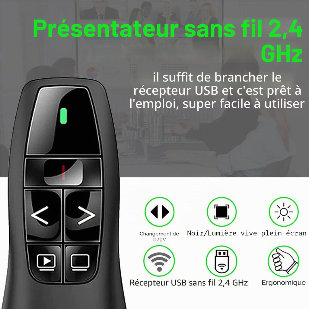 Présentateur Sans Fil 2,4 GHz – Pointeur Laser, 5 Boutons, 100 m, Plug & Play – PowerPoint, Google Slides, Keynote, PC & Mac