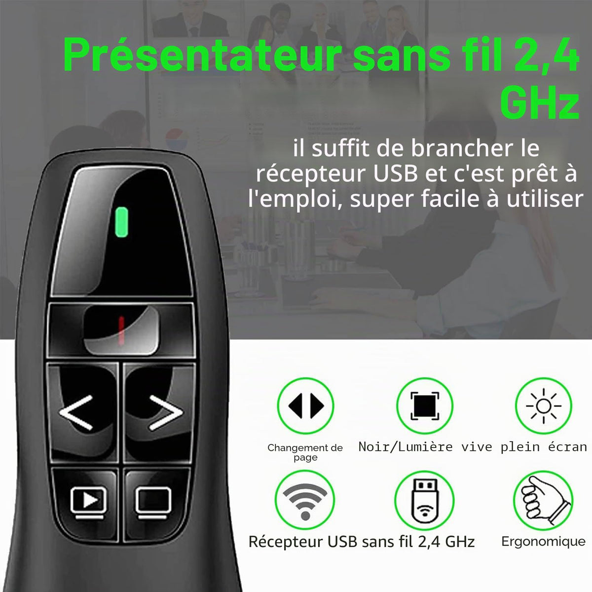 Présentateur Sans Fil 2,4 GHz – Pointeur Laser, 5 Boutons, 100 m, Plug & Play – PowerPoint, Google Slides, Keynote, PC & Mac