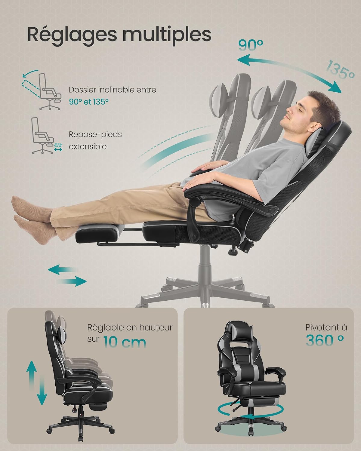 SONGMICS Fauteuil de Bureau Gaming OBG073B03 – Ergonomique, Repose-pieds, Appui-tête, 150 kg