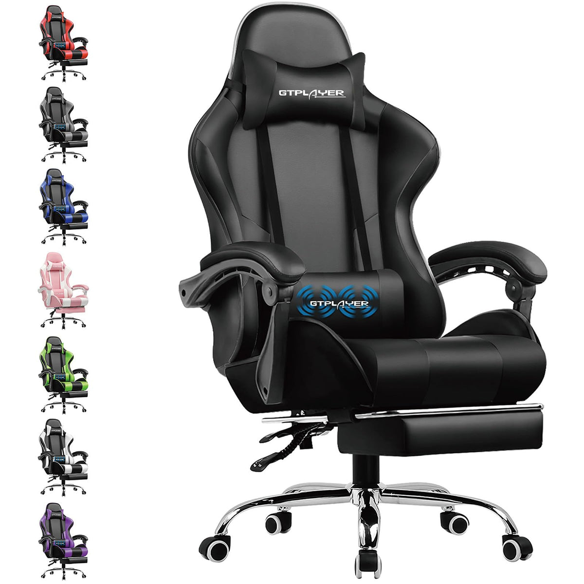 GTPLAYER Chaise Gaming Ergonomique, Fauteuil Gamer, Chaise Bureau, Dossier réglable à 135°, Hauteur Réglable, Repose-Pieds rétractables, Simili Cuir, Supporte 150 kg, Bleu