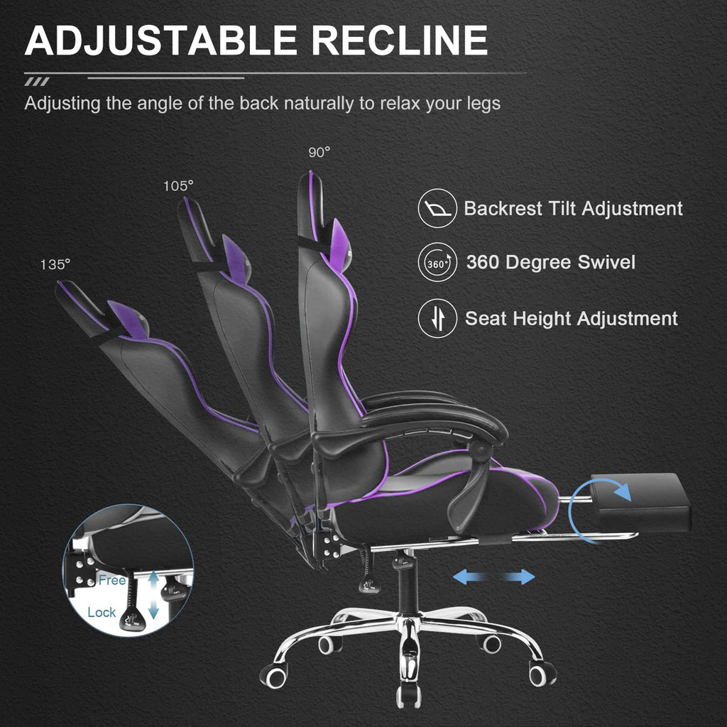GTPLAYER Chaise Gaming Ergonomique, Fauteuil Gamer, Chaise Bureau, Dossier réglable à 135°, Hauteur Réglable, Repose-Pieds rétractables, Simili Cuir, Supporte 150 kg, Bleu