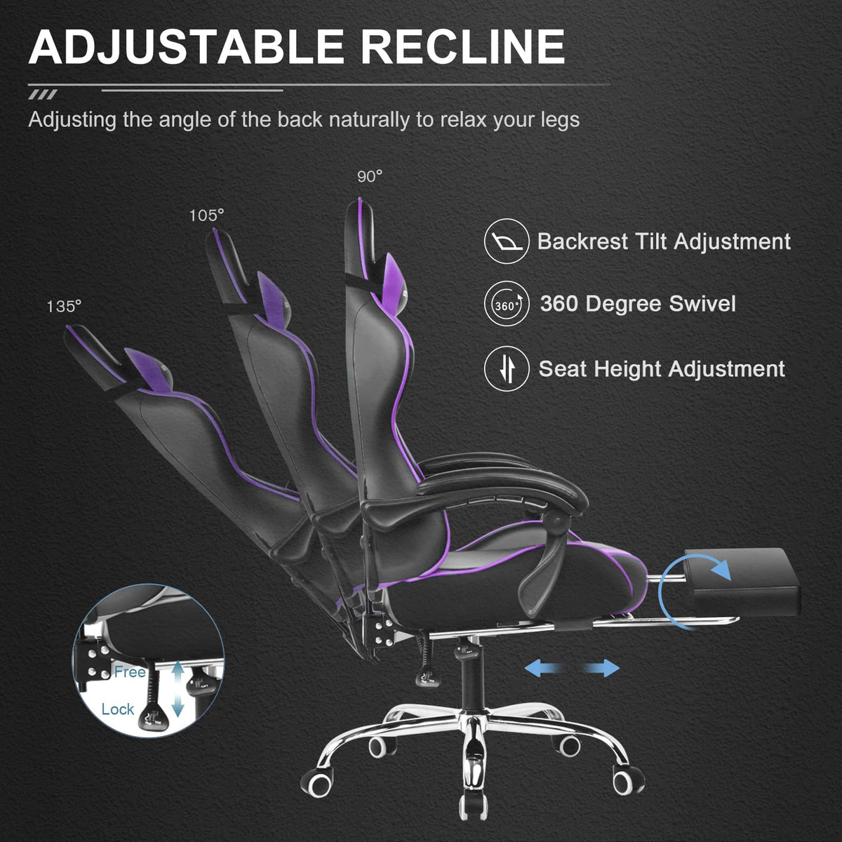 GTPLAYER Chaise Gaming Ergonomique, Fauteuil Gamer, Chaise Bureau, Dossier réglable à 135°, Hauteur Réglable, Repose-Pieds rétractables, Simili Cuir, Supporte 150 kg, Bleu