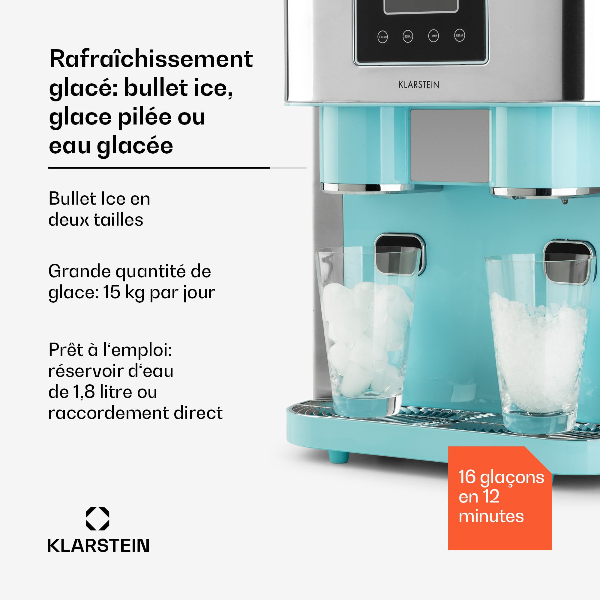 Klarstein Eiszeit Crush Machine à Glaçons Argent – réservoir 1,8 L, 15 kg/24 h, glaçons en 12 min, ~16/cycle | Glace pilée, écran tactile, alarmes