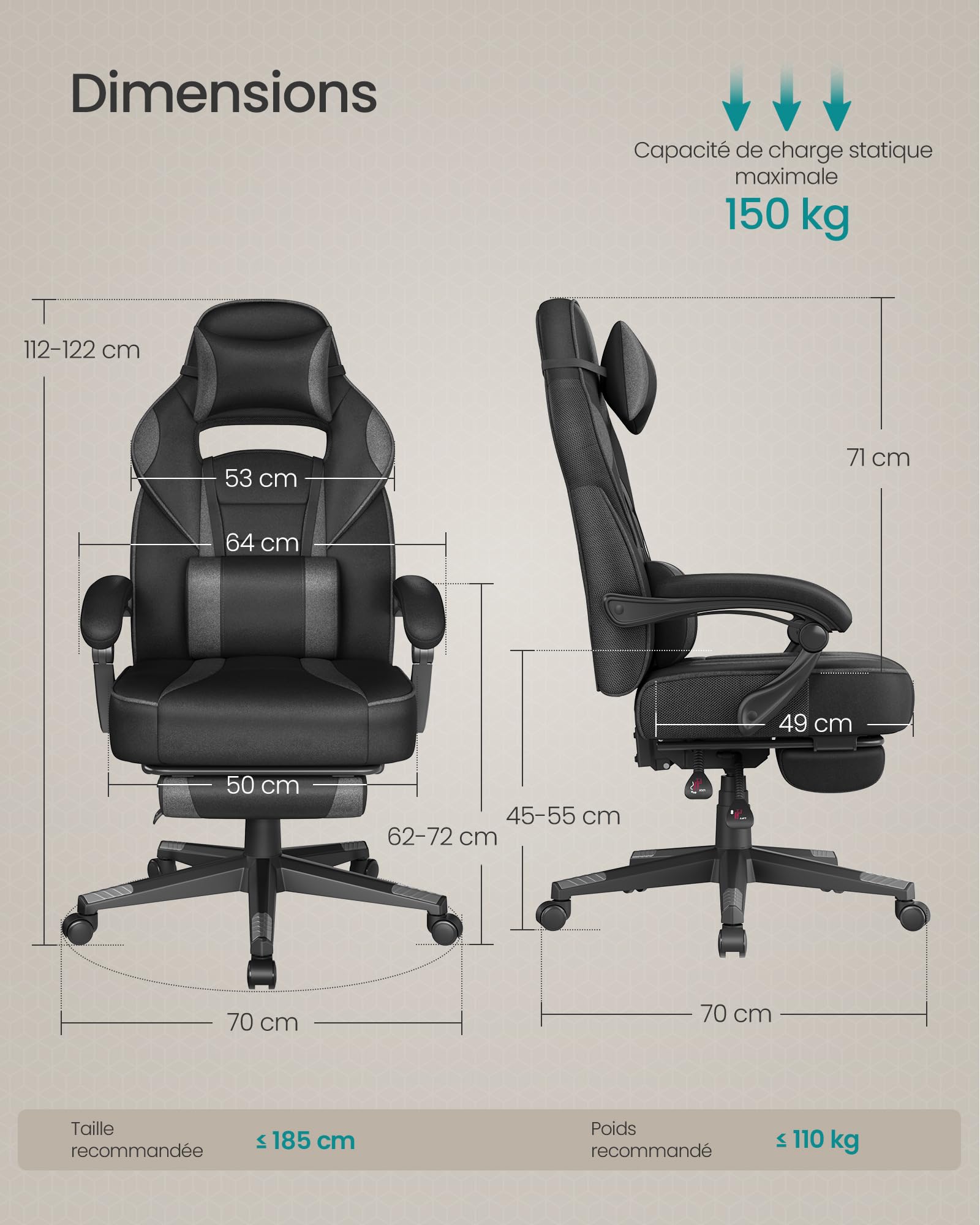 SONGMICS Fauteuil de Bureau Gaming OBG073B03 – Ergonomique, Repose-pieds, Appui-tête, 150 kg
