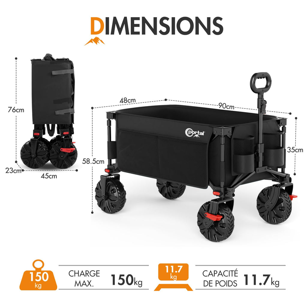 PORTAL Chariot de Plage Pliable – Chariot Tout Terrain Pliable avec Roues 20 cm, Poignée Réglable, 150 kg