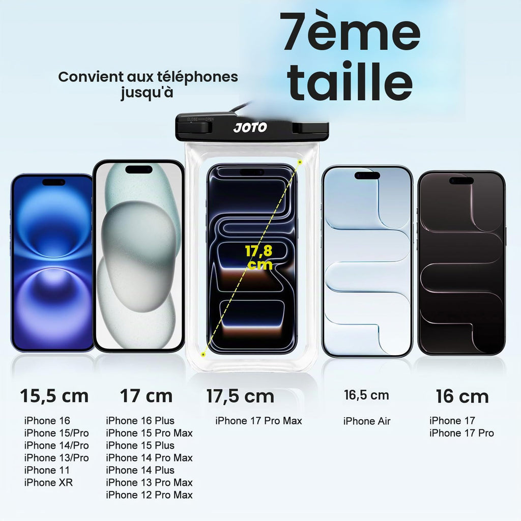 JOTO Pochette Étanche Smartphone IPX8 – Lot de 2, Compatible iPhone 17 à 11, Samsung Galaxy, Redmi, jusqu'à 7 Pouces