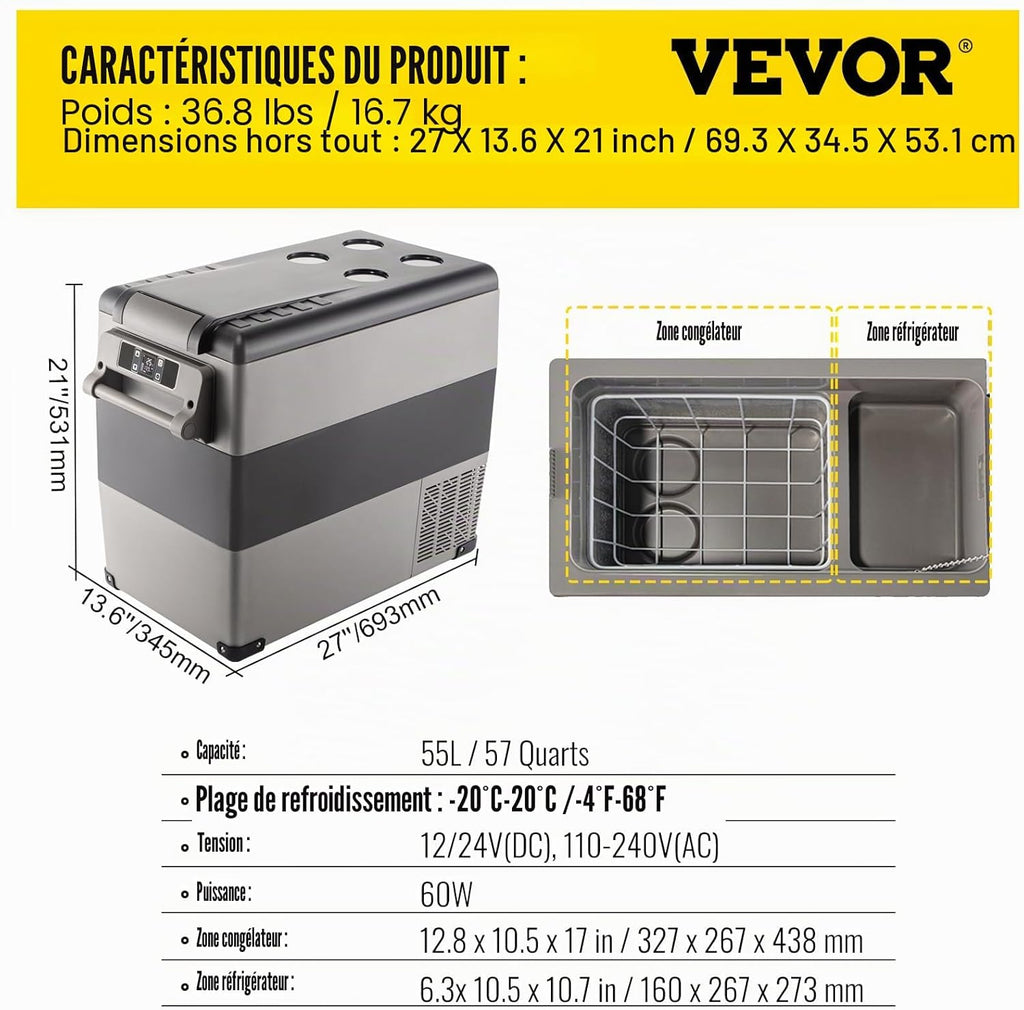 VEVOR Glacière Électrique Voiture, 45 L, Réfrigérateur Portable à Compression, 60 W, Mini Frigo, 69,3x34,5x45,6 cm, Glacière Électrique, Mini Congélateur Compresseur pour Maison/Voiture/Camping
