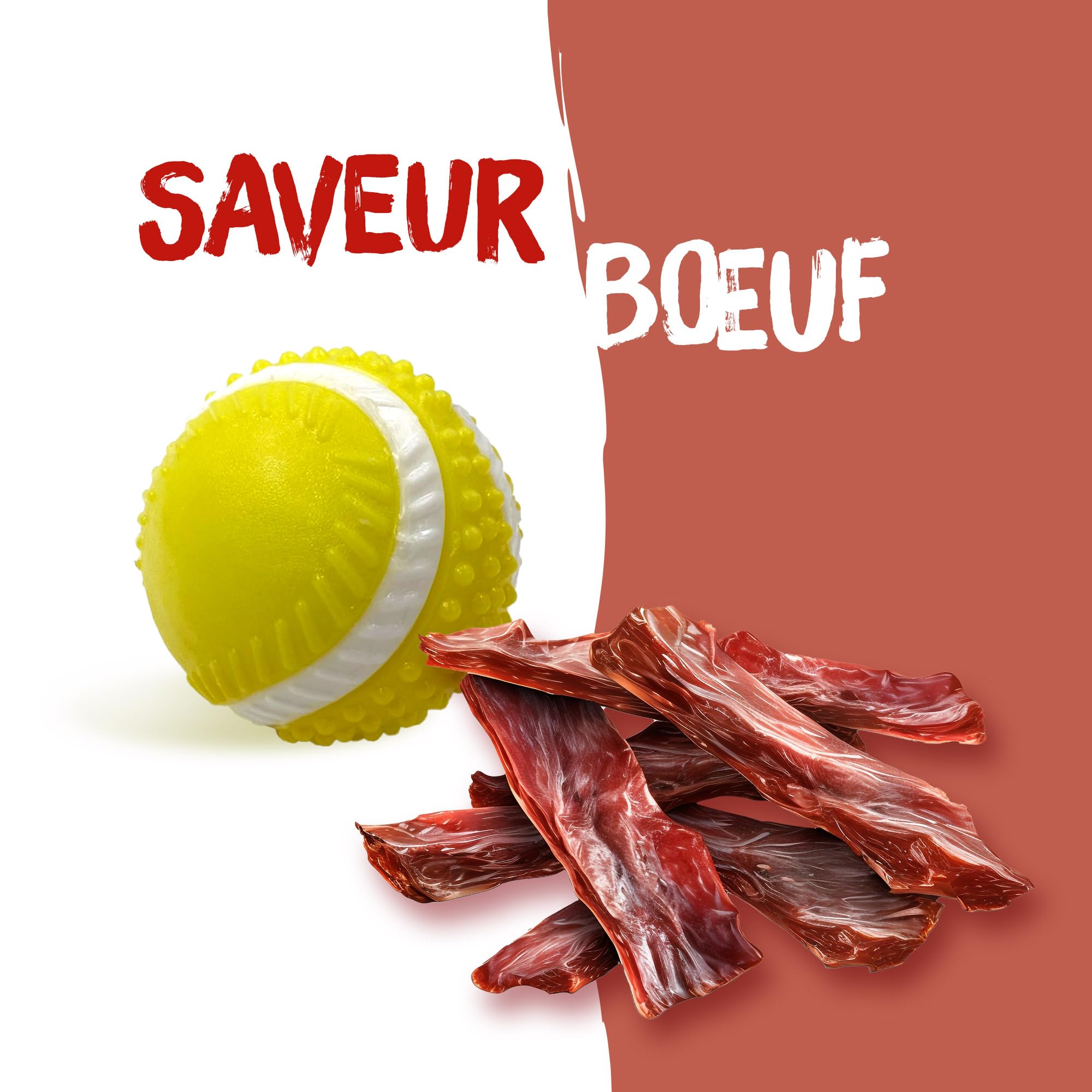 Aimé - Balle pour Chien 5 en 1 Saveur Bœuf - Jouet Interactif/Éducatif pour Développer et Stimuler les 5 Sens - Résistant Toutes Races et Tous Âges - Balle 6 cm
