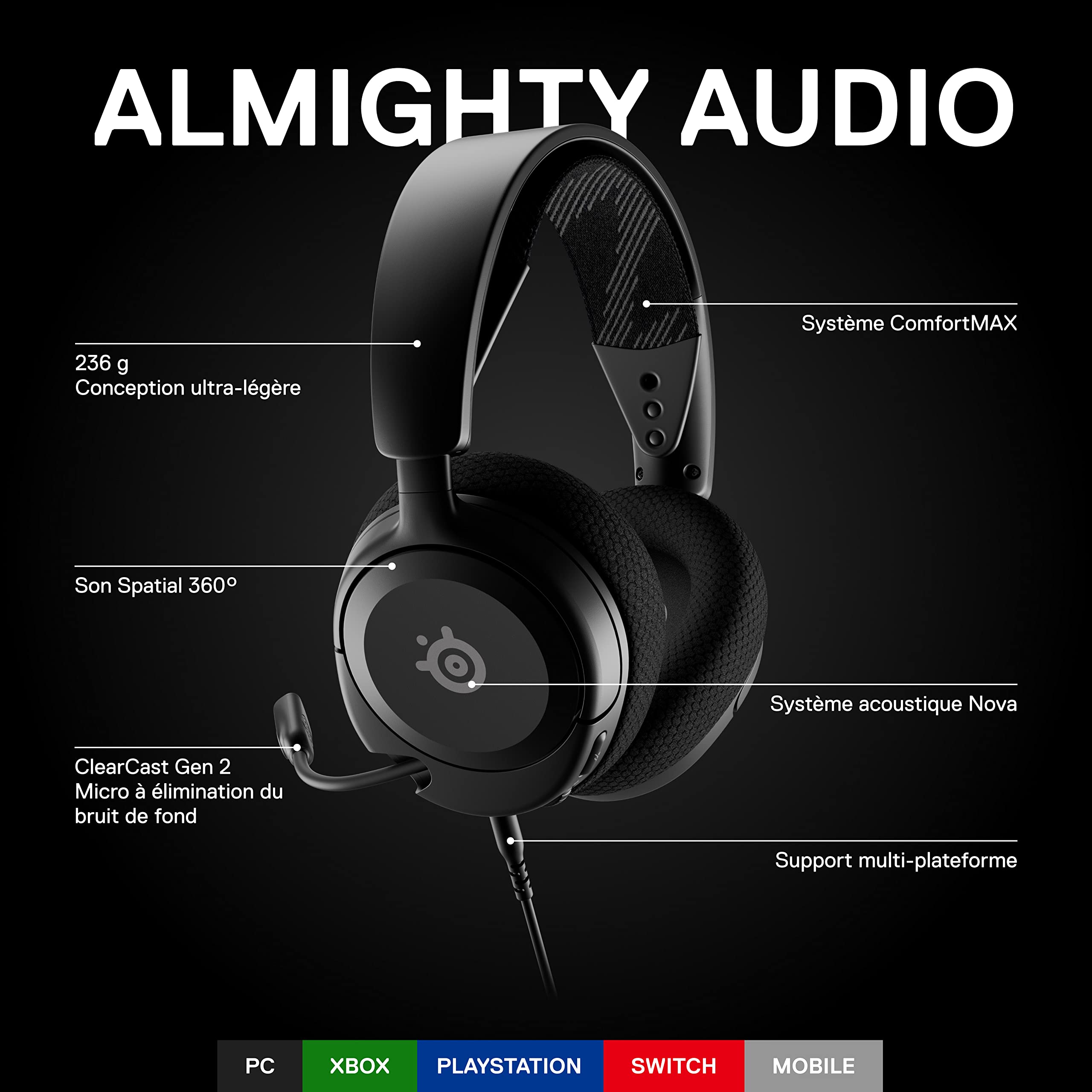 SteelSeries Arctis Nova 1 – Casque Gaming Multi-Plateforme | Son Spatial 360° | Micro Antibruit