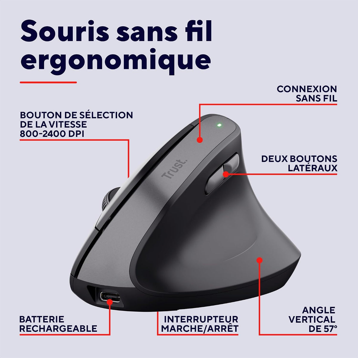 Trust Yuno Souris Ergonomique Verticale sans Fil Rechargeable – Angle 57°, 3 Mois Autonomie, Plastique Recyclé, PC & Mac
