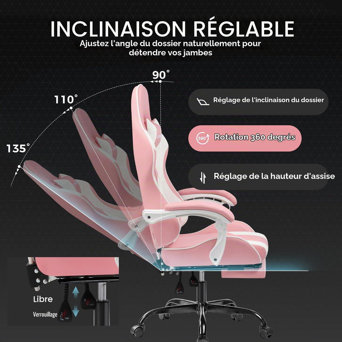 GTPLAYER Chaise Gaming Ergonomique, Fauteuil Gamer, Chaise Bureau, Dossier réglable à 135°, Hauteur Réglable, Repose-Pieds rétractables, Simili Cuir, Supporte 150 kg, Bleu