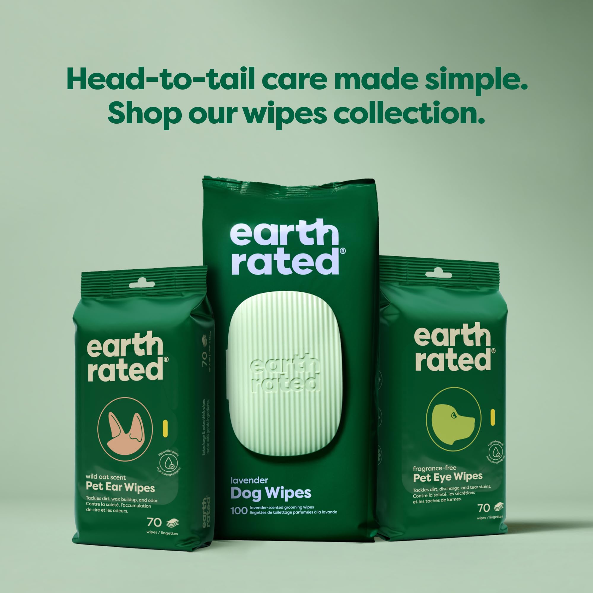 Earth Rated Lingettes hypoallergéniques pour Chiens, nettoyantes et Anti-odeurs, pour Pattes, Corps et arrière-Train, parfaites pour Chiots et Chiens Adultes, sans Parfum, 100 lingettes