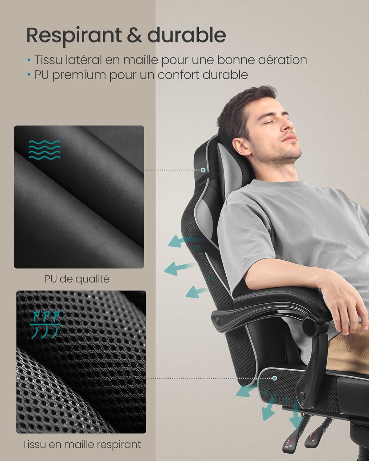 SONGMICS Fauteuil de Bureau Gaming OBG073B03 – Ergonomique, Repose-pieds, Appui-tête, 150 kg