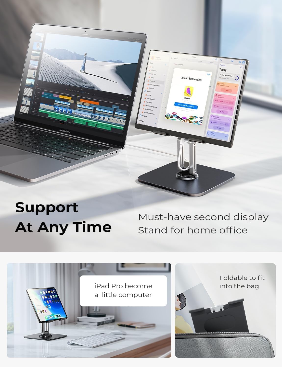 LISEN Support Tablette Bureau – Aluminium Réglable, Pliable, Compatible iPad Pro, Kindle, Samsung Tab 4,7"-13"