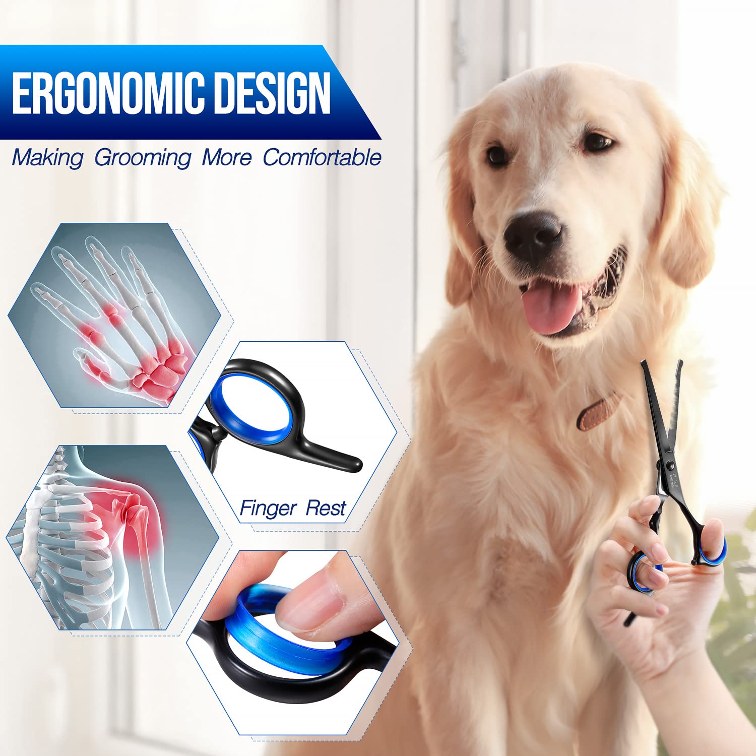 Gimars Ciseaux de toilettage professionnels pour chiens 4CR avec pointe ronde de sécurité, ciseaux droits, effilés et incurvés avec revêtement en titane