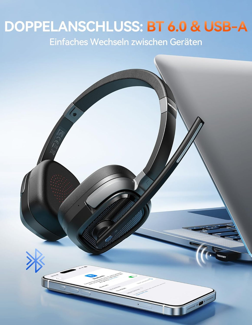 TECKNET Casque Bluetooth 6.0 sans Fil avec Micro ENC Anti-Bruit – 40h Autonomie, Adaptateur USB-A, Double Connexion – PC, Télétravail, Visioconférence