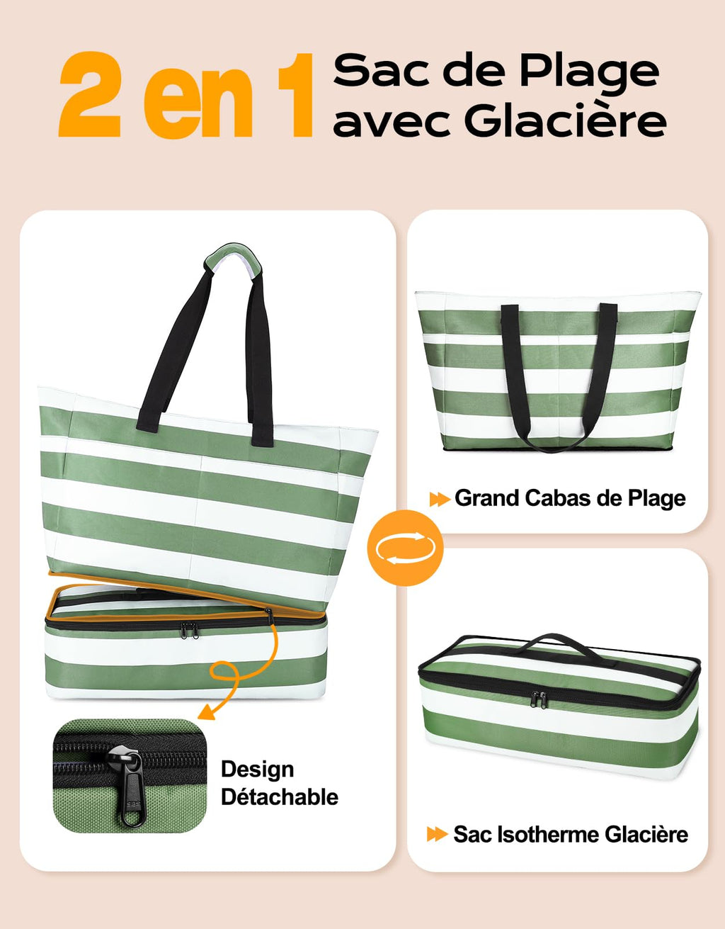 CIRYCASE Sac de Plage XXL 54L avec Isotherme Détachable – Étanche, Compartiment Sec-Humide, Pliable, Femme/Famille