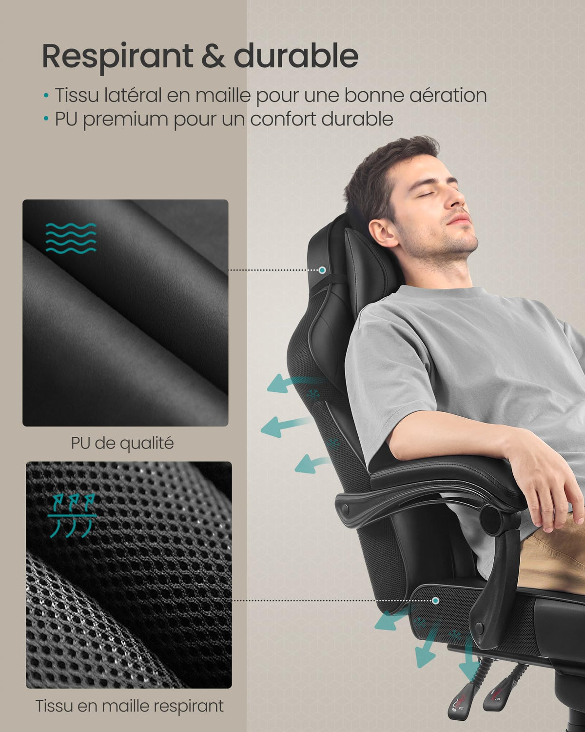 SONGMICS Fauteuil de Bureau Gaming OBG073B03 – Ergonomique, Repose-pieds, Appui-tête, 150 kg