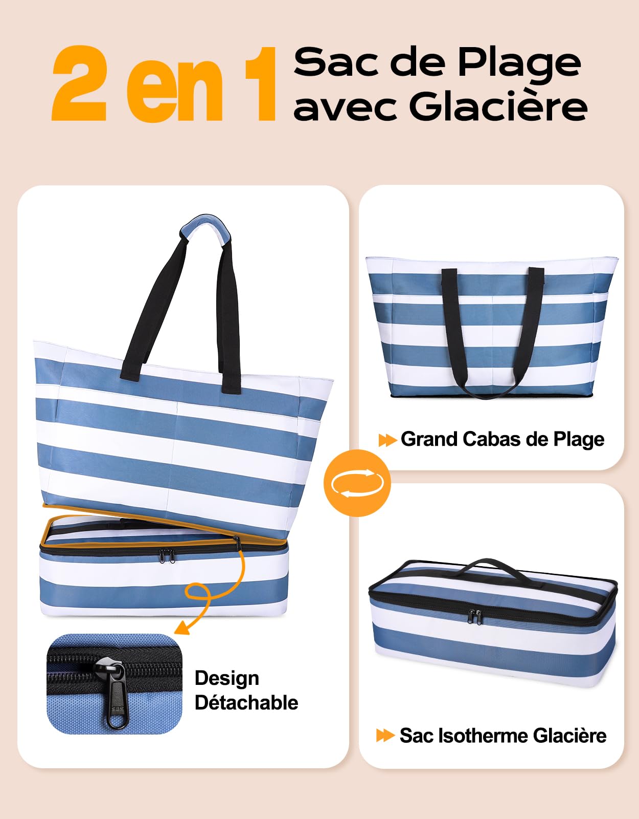 CIRYCASE Sac de Plage XXL 54L avec Isotherme Détachable – Étanche, Compartiment Sec-Humide, Pliable, Femme/Famille