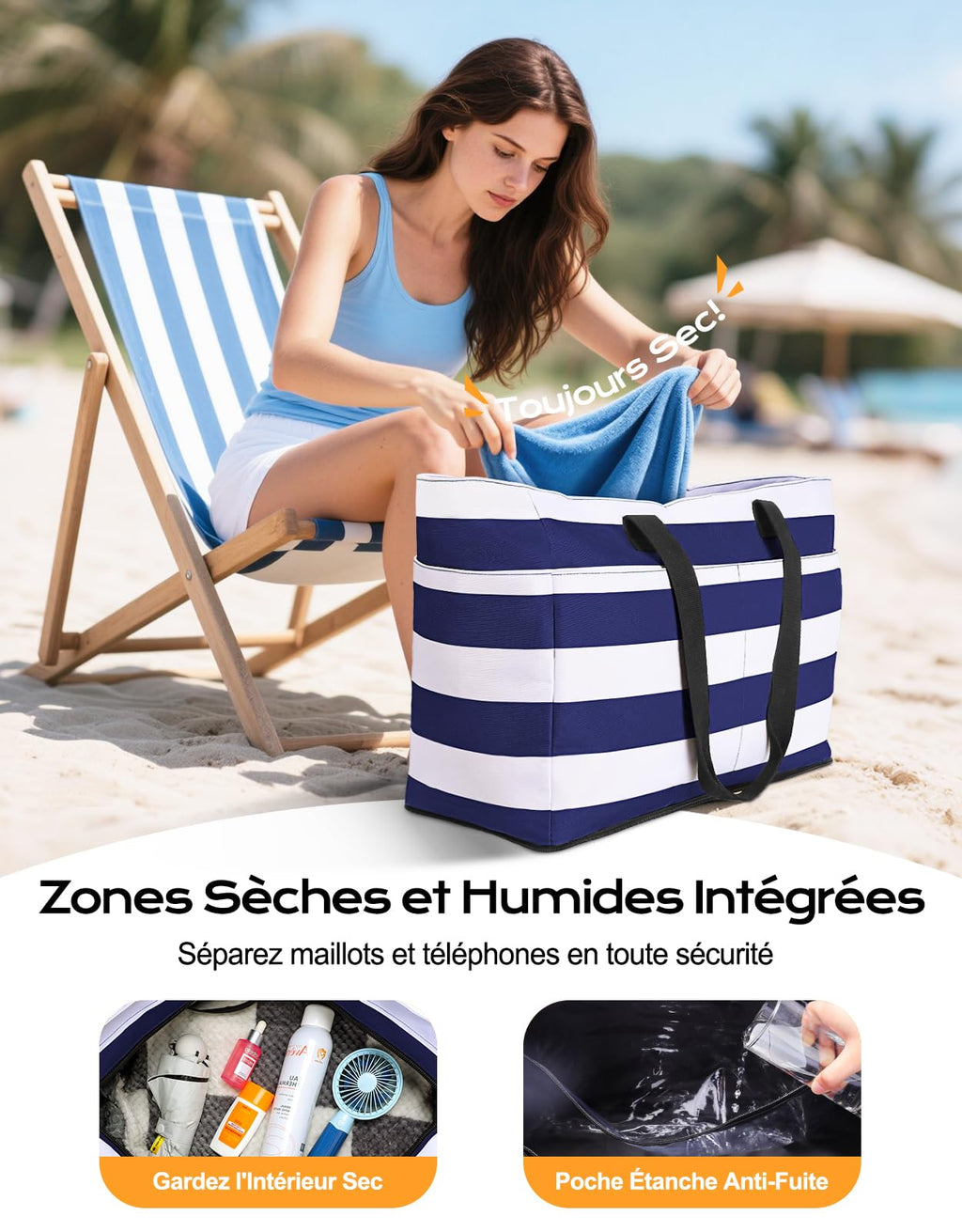 CIRYCASE Sac de Plage XXL 54L avec Isotherme Détachable – Étanche, Compartiment Sec-Humide, Pliable, Femme/Famille