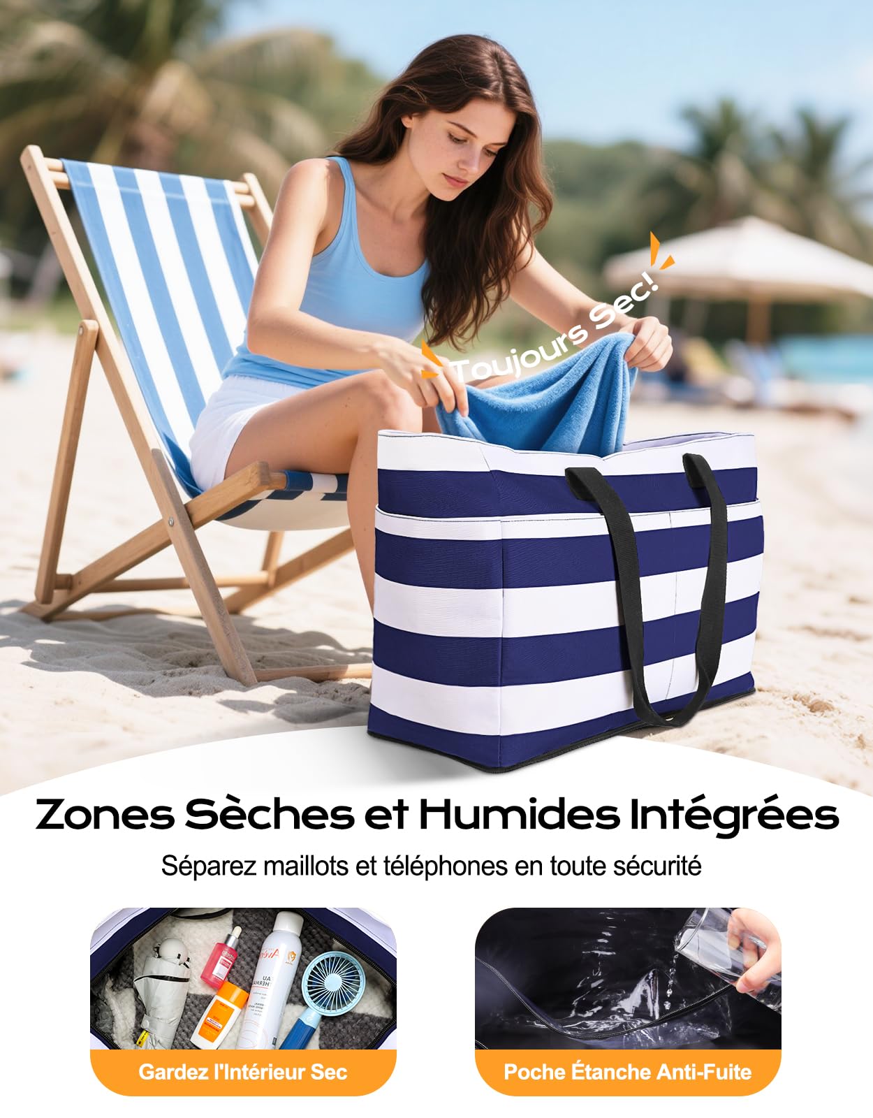 CIRYCASE Sac de Plage XXL 54L avec Isotherme Détachable – Étanche, Compartiment Sec-Humide, Pliable, Femme/Famille
