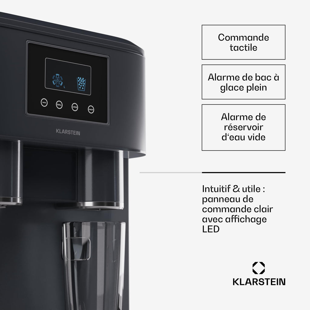 Klarstein Eiszeit Crush Machine à Glaçons Argent – réservoir 1,8 L, 15 kg/24 h, glaçons en 12 min, ~16/cycle | Glace pilée, écran tactile, alarmes