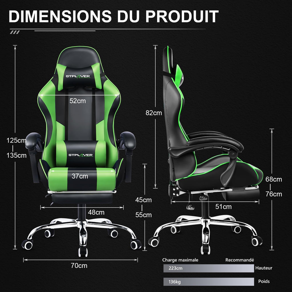 GTPLAYER Chaise Gaming Ergonomique, Fauteuil Gamer, Chaise Bureau, Dossier réglable à 135°, Hauteur Réglable, Repose-Pieds rétractables, Simili Cuir, Supporte 150 kg, Bleu