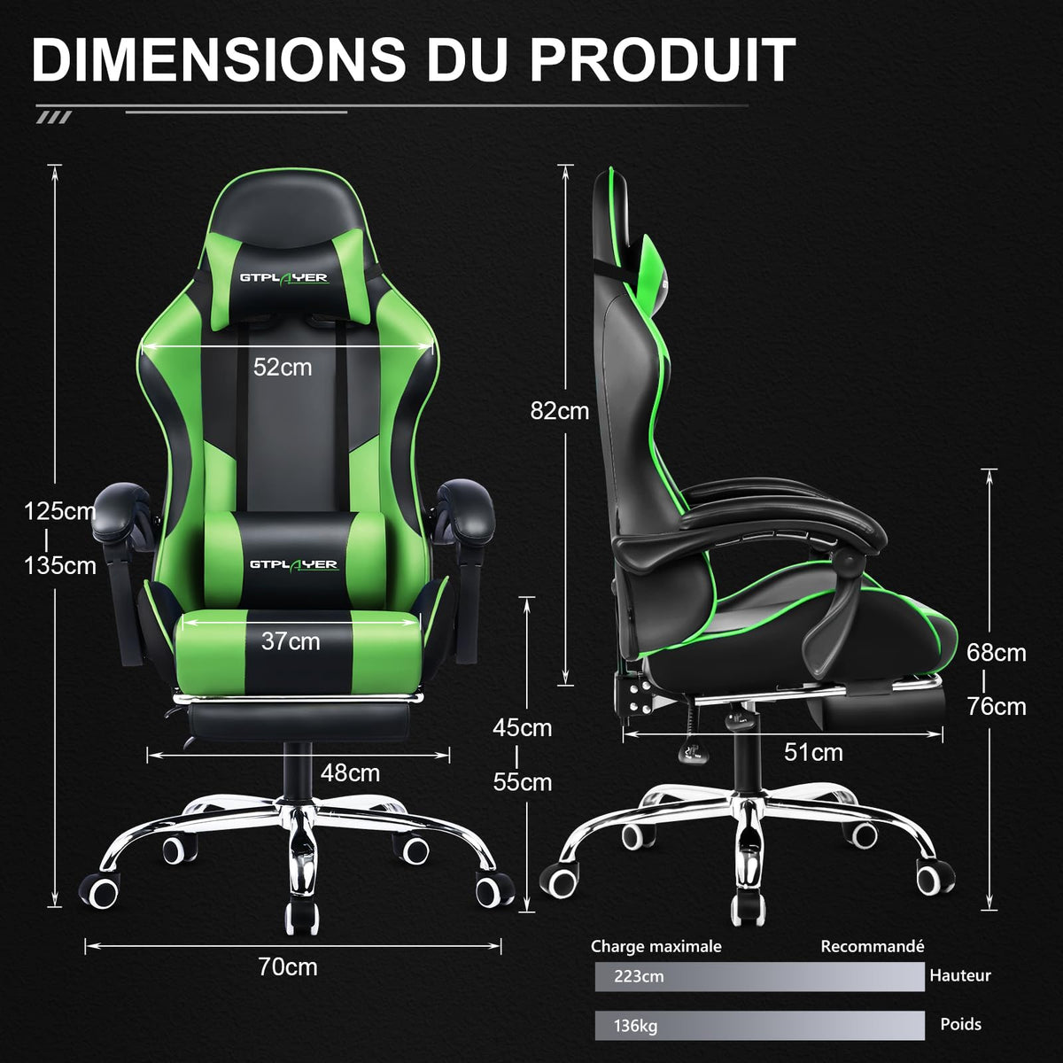 GTPLAYER Chaise Gaming Ergonomique, Fauteuil Gamer, Chaise Bureau, Dossier réglable à 135°, Hauteur Réglable, Repose-Pieds rétractables, Simili Cuir, Supporte 150 kg, Bleu