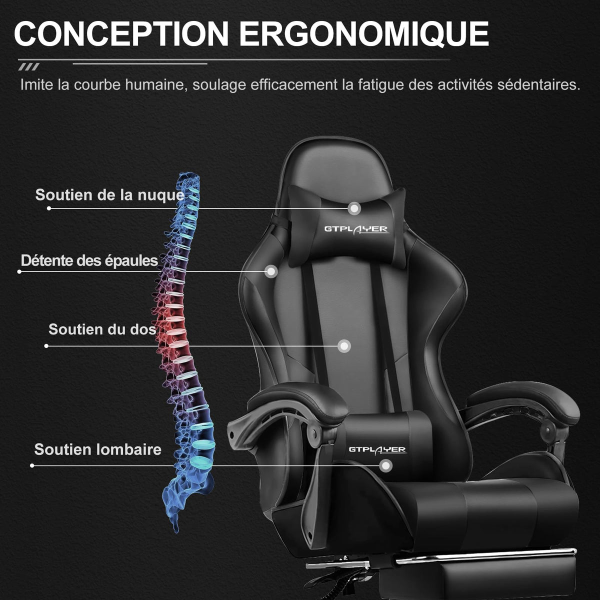 GTPLAYER Chaise Gaming Ergonomique, Fauteuil Gamer, Chaise Bureau, Dossier réglable à 135°, Hauteur Réglable, Repose-Pieds rétractables, Simili Cuir, Supporte 150 kg, Bleu