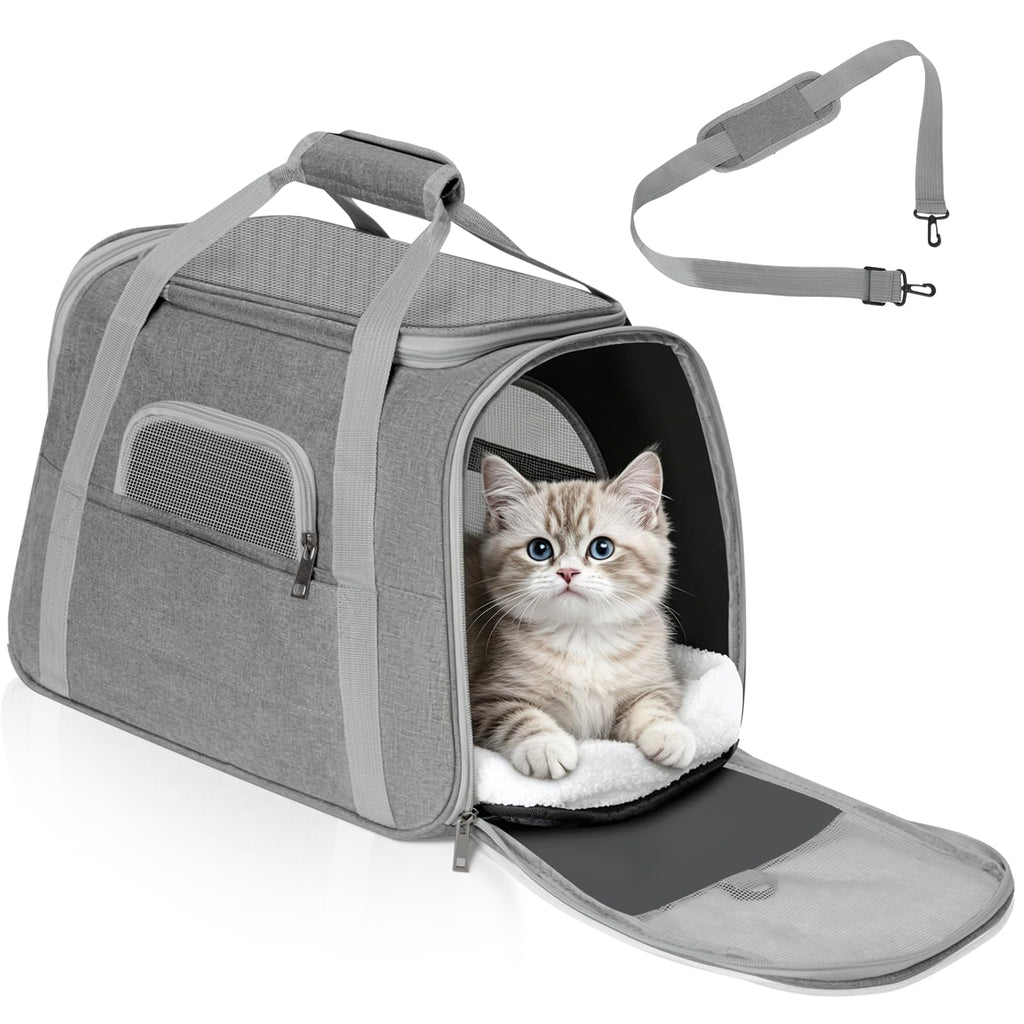 Romon Sac Transport Chat, Caisse de Transport Chien Respirant et Pliable jusqu'à 6 kg, Transporteurs avec Matelas en Peluche, Boîte de Transport avec Bandoulière Réglable, 17.3x11x9.8 inch, Noir