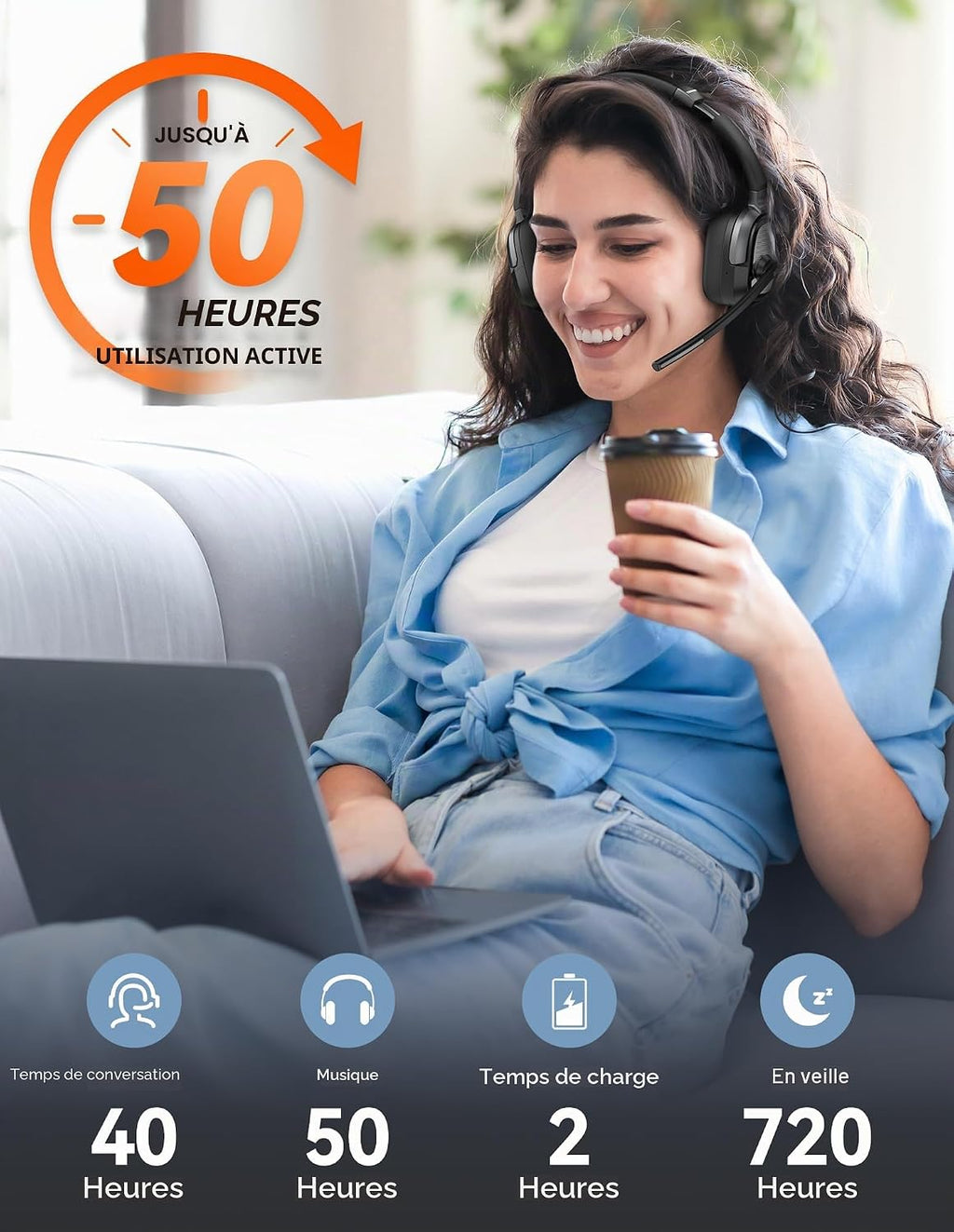 TECKNET Casque Bluetooth 6.0 sans Fil avec Micro ENC Anti-Bruit – 40h Autonomie, Adaptateur USB-A, Double Connexion – PC, Télétravail, Visioconférence