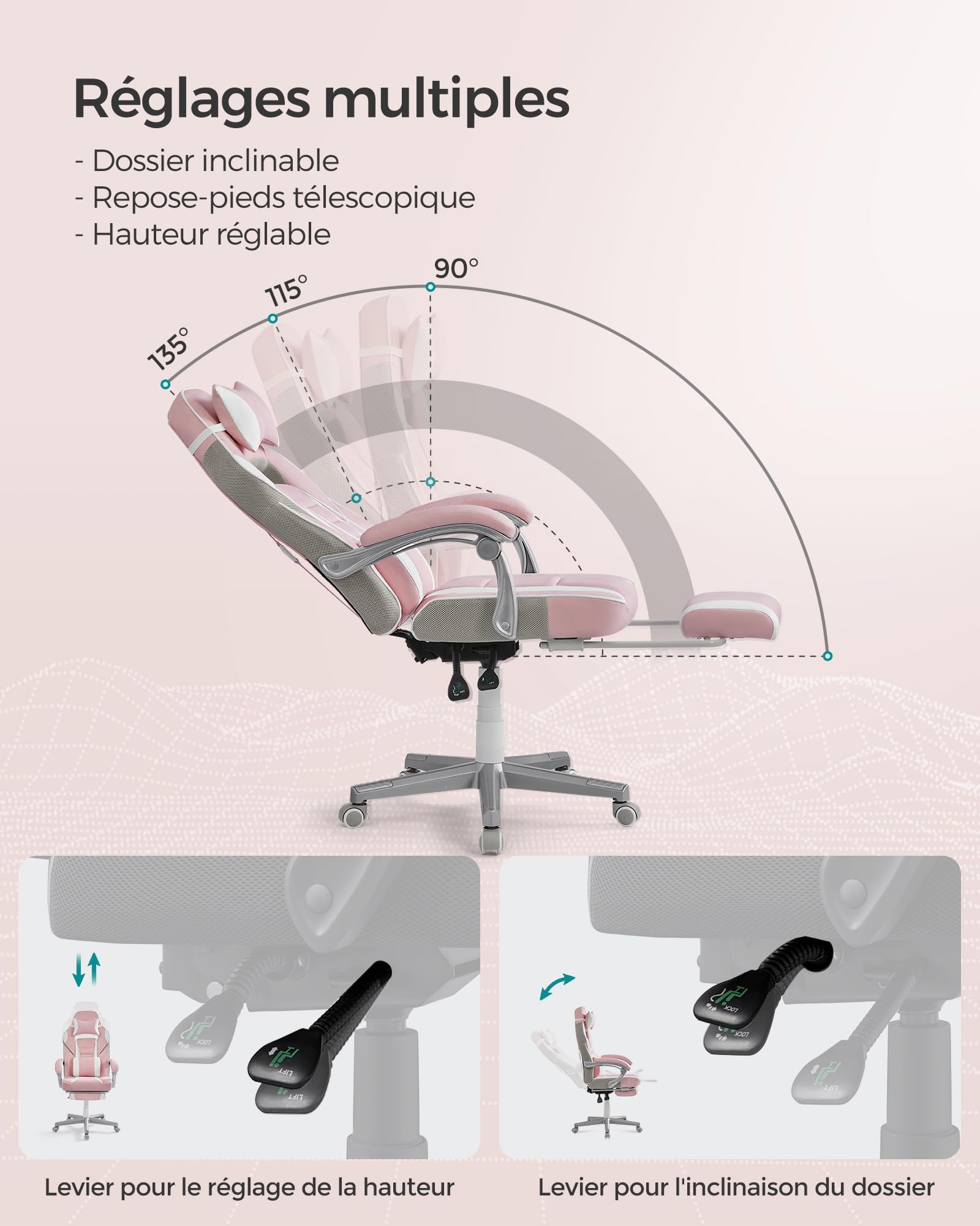 SONGMICS Fauteuil de Bureau Gaming OBG073B03 – Ergonomique, Repose-pieds, Appui-tête, 150 kg