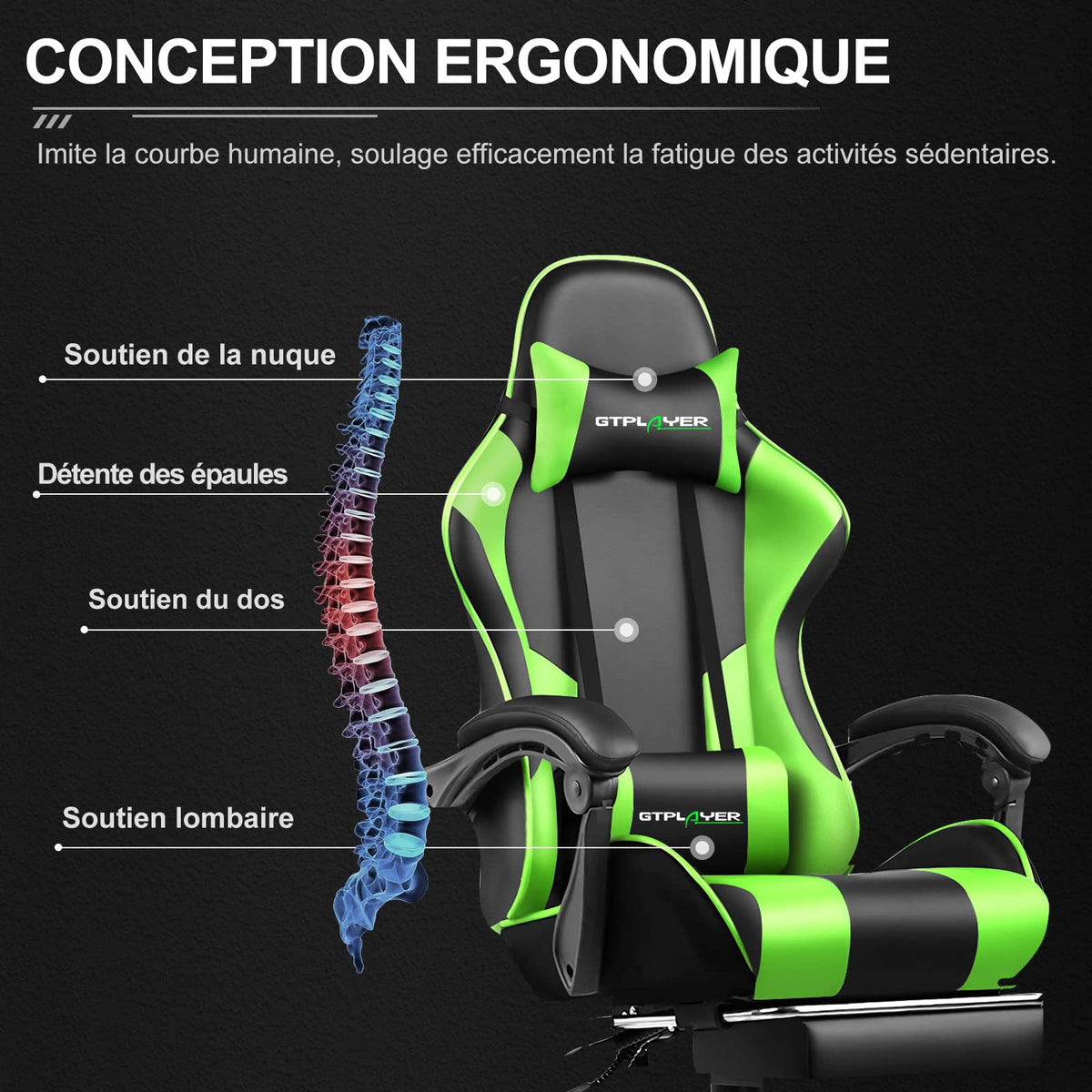 GTPLAYER Chaise Gaming Ergonomique, Fauteuil Gamer, Chaise Bureau, Dossier réglable à 135°, Hauteur Réglable, Repose-Pieds rétractables, Simili Cuir, Supporte 150 kg, Bleu