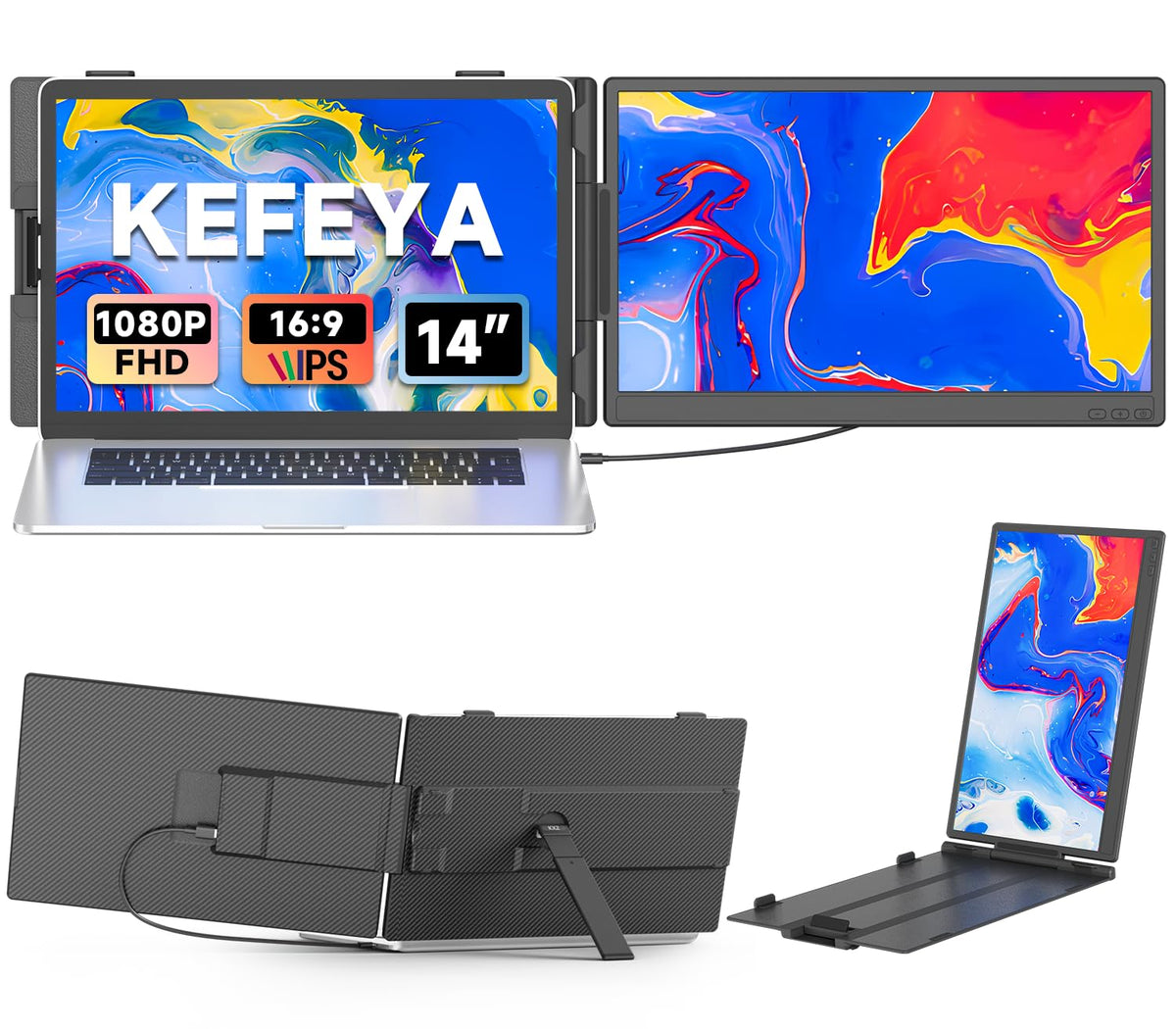 KEFEYA Écran Portable 14" – Extension Écran PC Triple & Double, FHD 1080P 100% sRGB, Plug & Play – Windows, Mac, Android, Switch, PS5