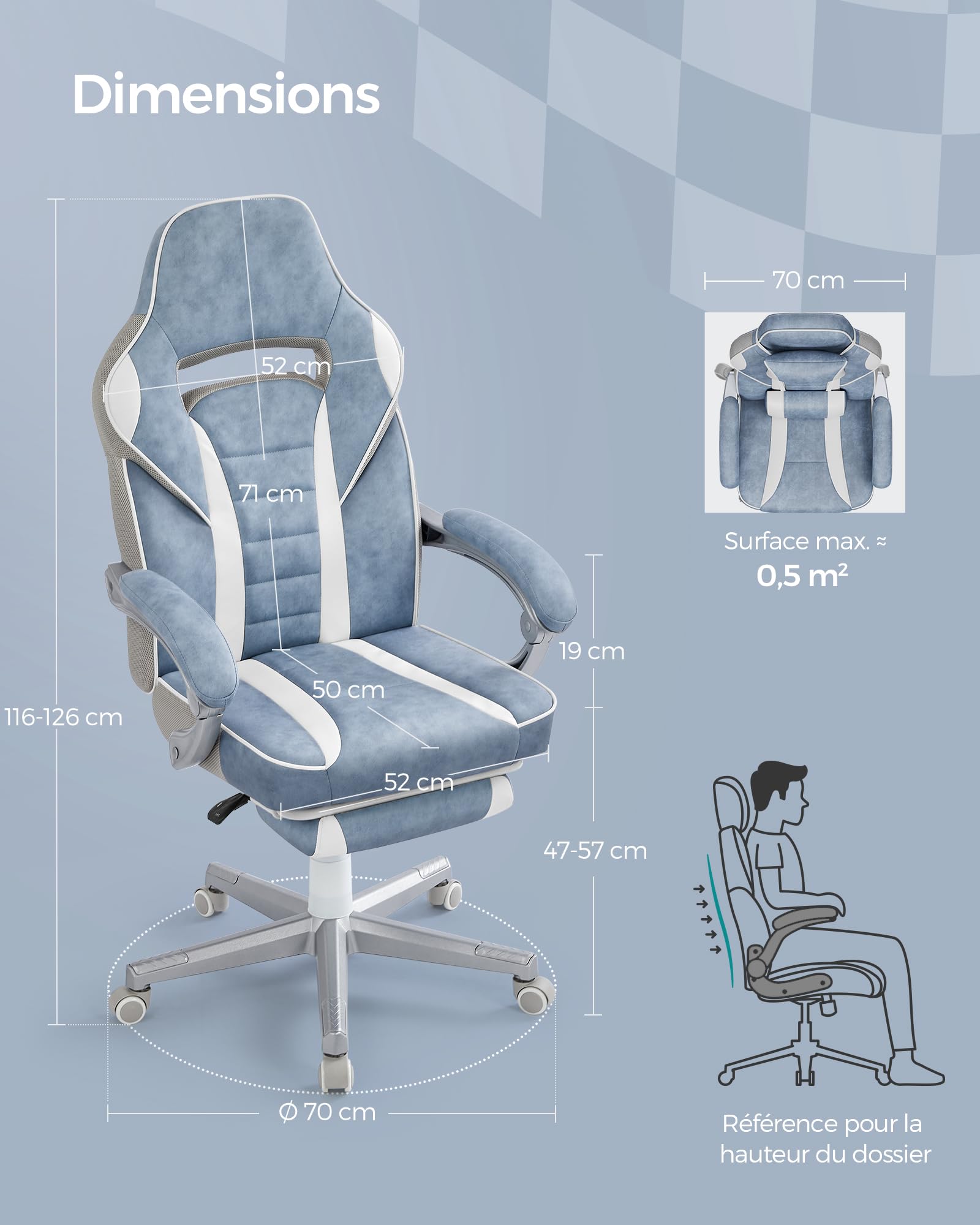 SONGMICS Fauteuil de Bureau Gaming OBG073B03 – Ergonomique, Repose-pieds, Appui-tête, 150 kg